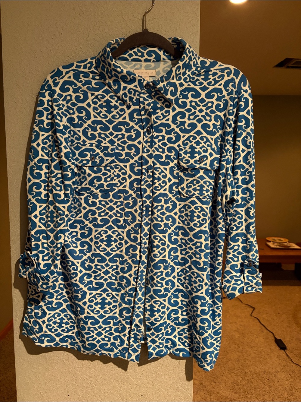 Charter Club Blue and White Geometric Print Shirt Jacket